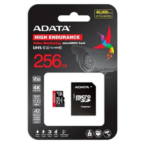 Memoria Micro Sdxc 256GB Adata AUSDX256GUI3V30SHA2-RA1 Clase 10 100 Mb/S 85 Mb/S para Cámaras de Vigilancia, Sistemas de Seguridad y Grabación de Video Full HD y 4K