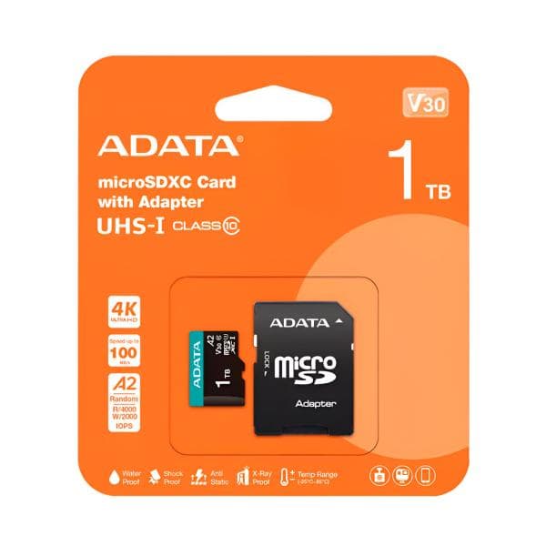 Memoria Micro Sdxc 1TB Adata AUSDX1TUI3V30SA2- RA1 Clase 10 100 Mb/S 85 Mb/S Compatible con Nintendo Drones Go Pro 4K