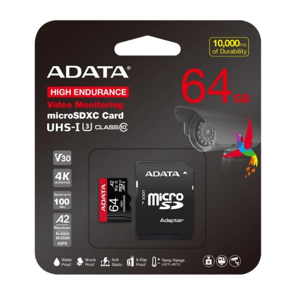 Memoria Micro Sdxc 64GB Adata para AUSDX64GUI3V30SHA2-RA1 100 Mb/S 80 Mb/S para Videovigilancia