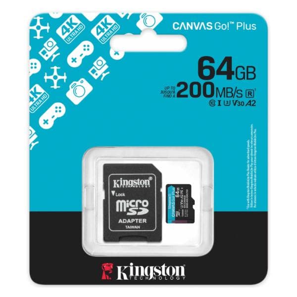 Memoria Micro SD 64GB Kingston SDCG4/64GB Uhs-i V30 200 MB/S/100 Mb/S para Drones, Cámaras Deportivas y Otros Dispositivos