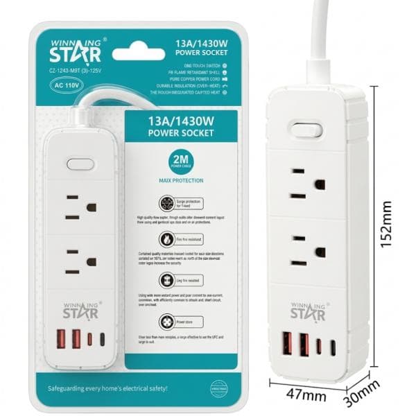 Regleta Winning Star ST-3202U 6 Puertos 2 AC/2 USB/2 USB-C 2M CZ-1593-WST-110V-17487